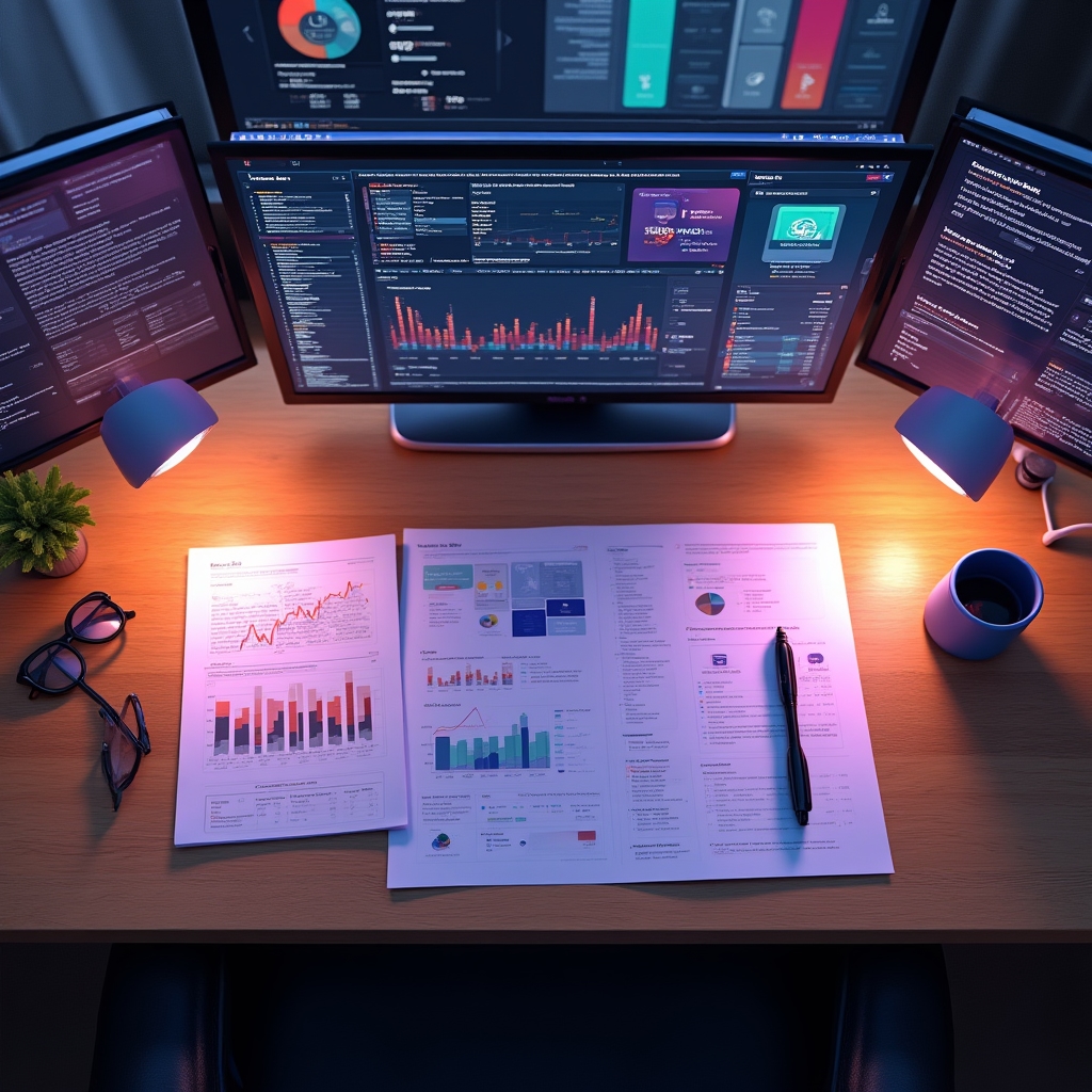Birou cu ecrane afișând analize de date și grafice pentru email marketing