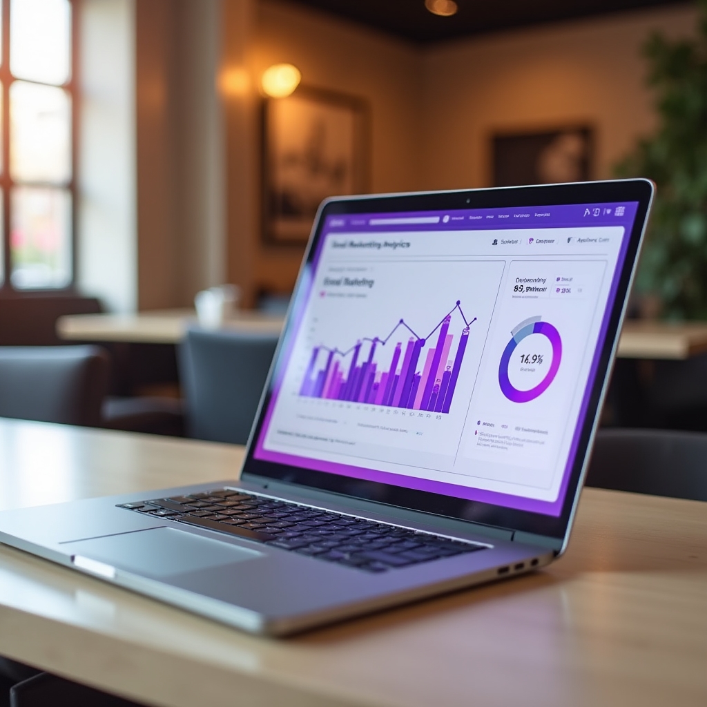 Tablou de bord cu statistici email marketing pe un laptop modern